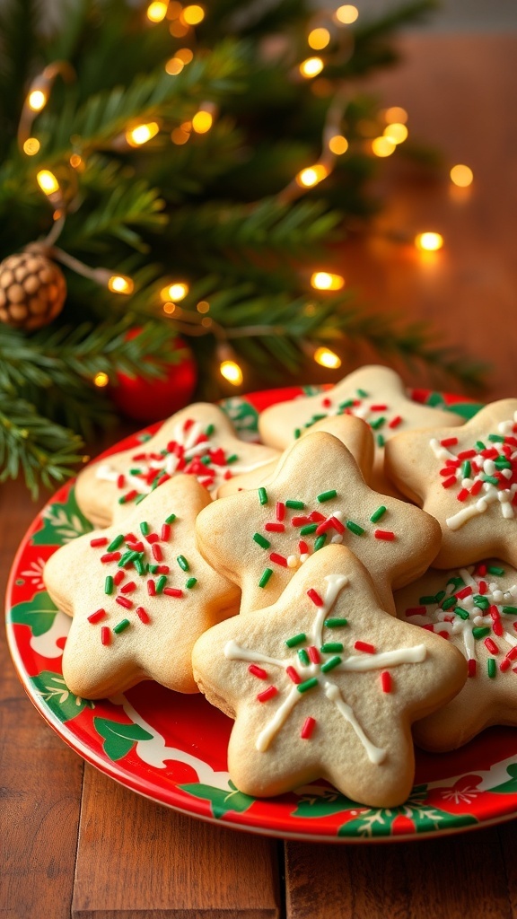 Nut-Free Christmas Cookies Recipe A plate of nut-free Christmas cookies decorated with sprinkles and icing, set against a festive background.